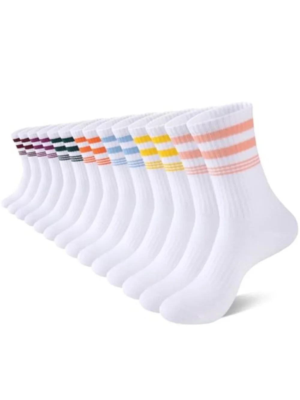 7 Pairs Womens Crew Cotton Socks Casual Breathable Striped Calf Socks